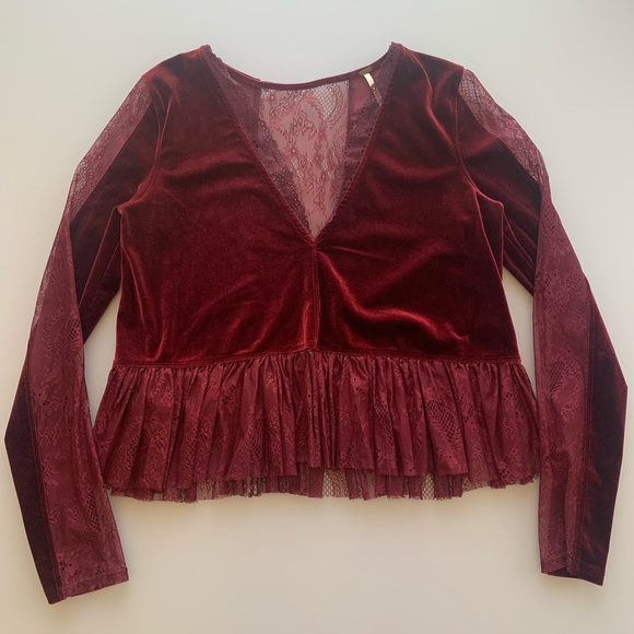 Free People Velvet & Lace V-Neck Top in Burgundy | Small - Picture 2 of 6
